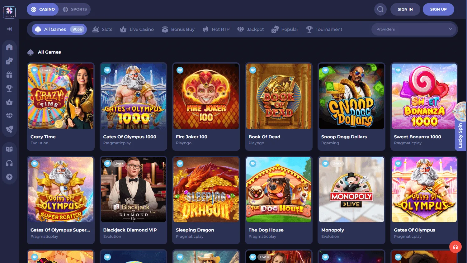 Lucky Friends Casino desktop games area with casino categories and titles