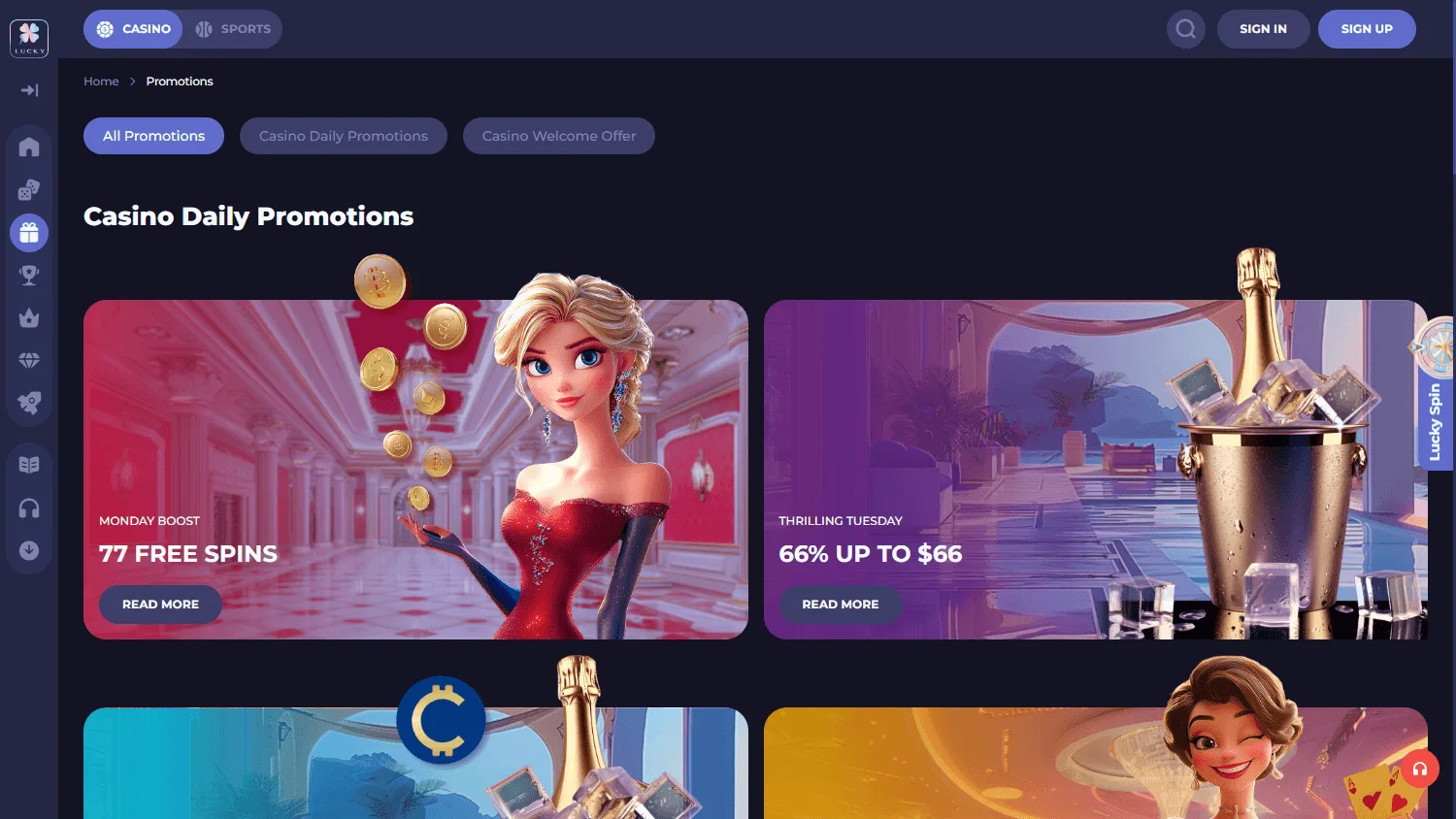 Lucky Friends Casino desktop promotions area with welcome and casino offers