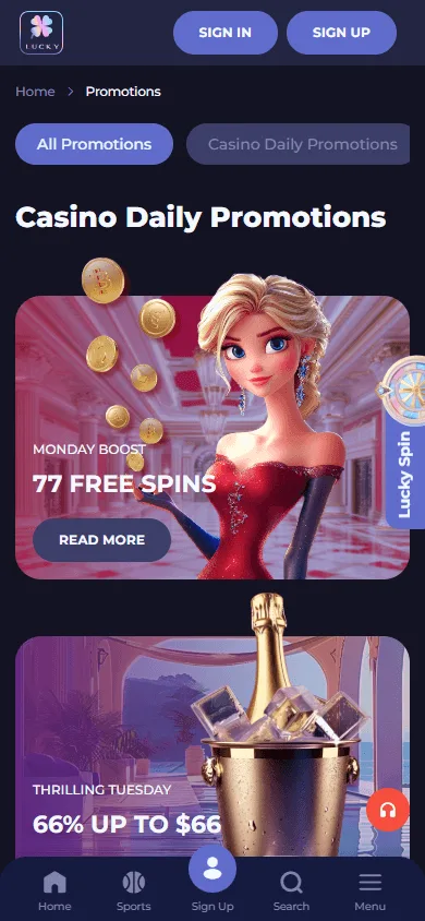 Lucky Friends Casino mobile browser promotions area with bonus offers