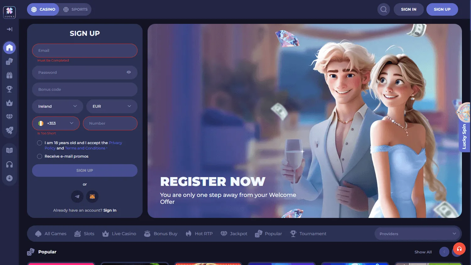 Lucky Friends Casino desktop home interface with casino and betting sections
