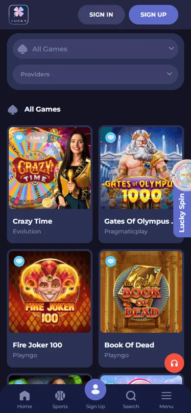 Lucky Friends Casino mobile browser games area with casino categories