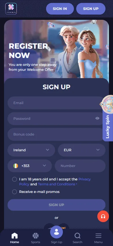 Lucky Friends Casino mobile browser home interface on a smartphone